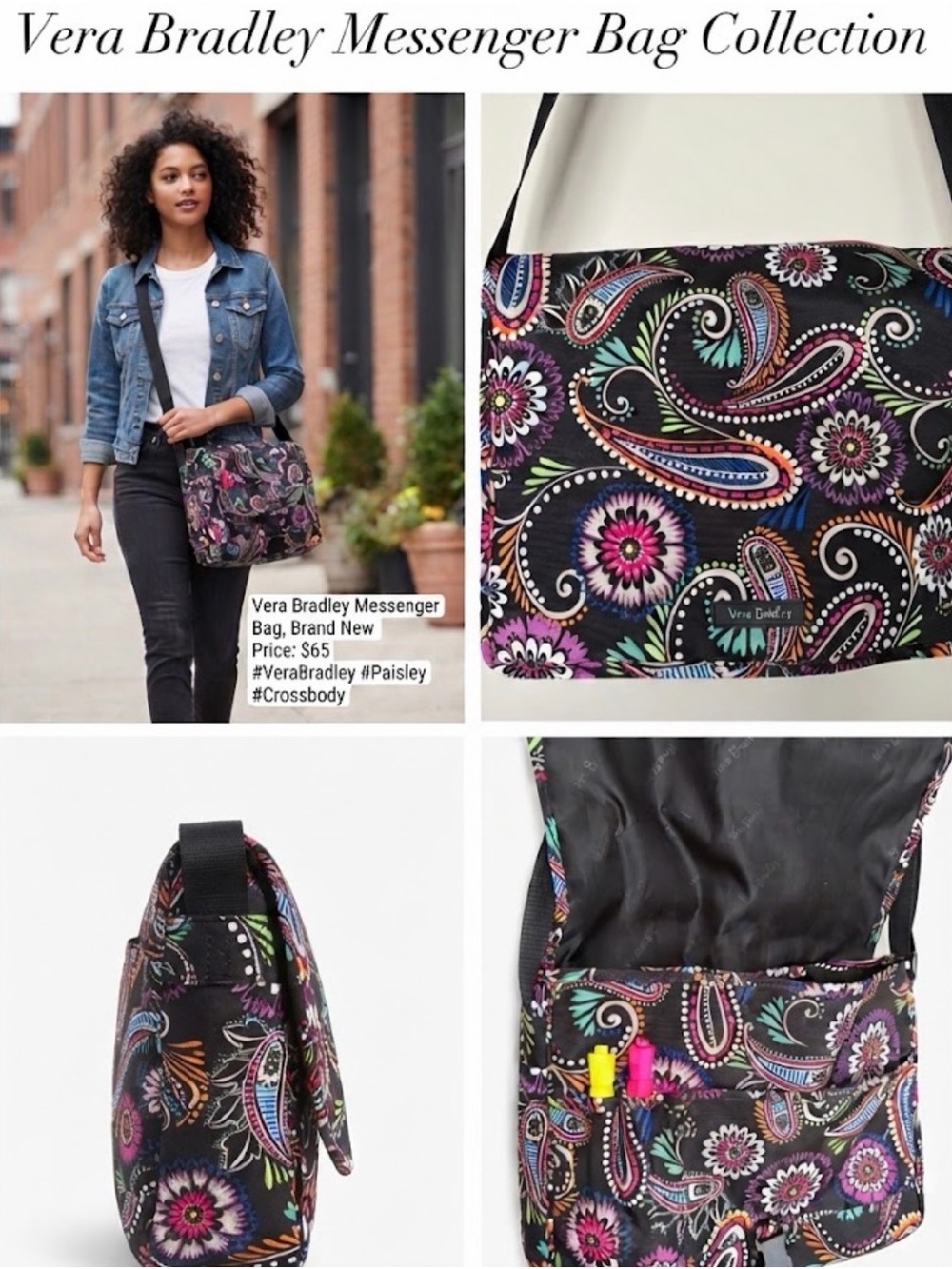 Vera Bradley Black Paisley Crossbody Messenger with Multicolor Accents